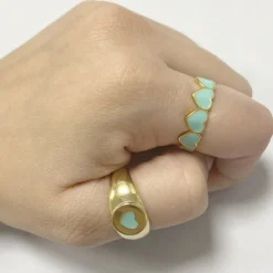 Anillo Corazones Turquesa Plata Dorada