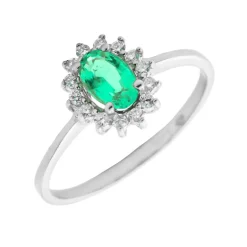 Anillo Rosetón Esmeralda Diamantes Oro Blanco 18K