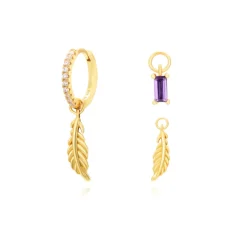 Aros Multi Charms Pluma Plata Dorada