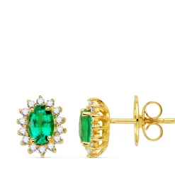 Pendientes Rosetón Esmeralda Diamantes Oro 18K